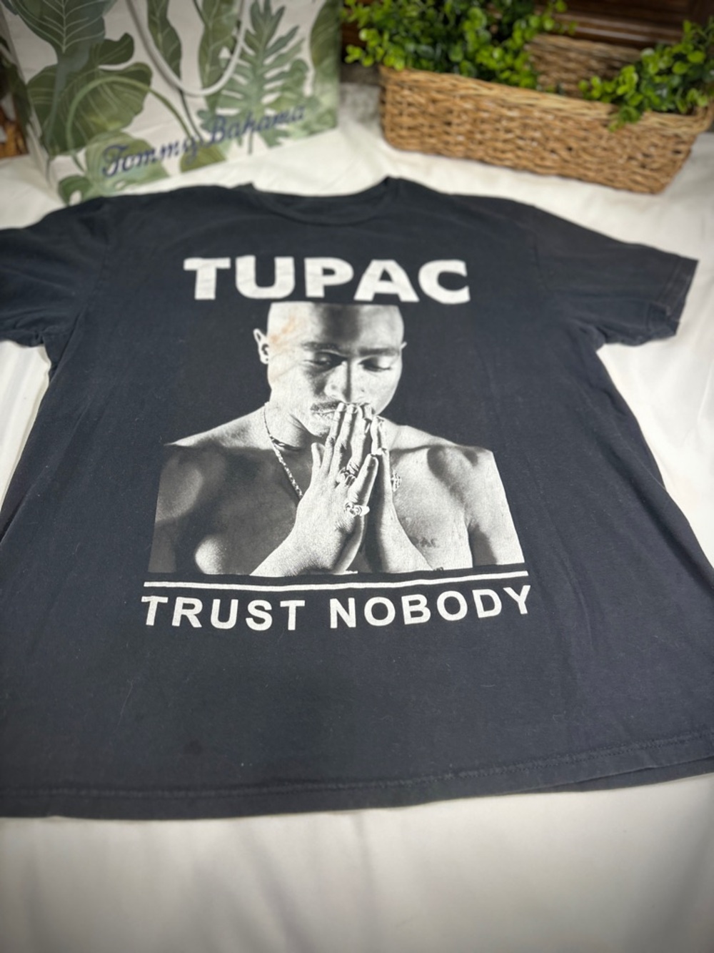 Tupac Black Graphic Tee with Large Front Photo and 'Trust Nobody' Text